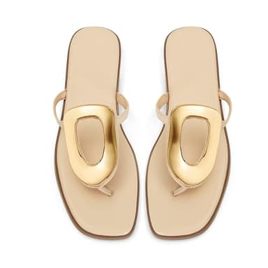 Wnshonzy Flip-Flops for Women Thong Sandals Flat Nude Slip on Slides Leather Beach Comfort Open Square Toe Ladies Slipper Dressy Metal Hardware Decoration Summer Shoes Casual Fashion - Image 6