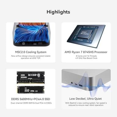 Beelink SER8 Mini PC, AMD Ryzen7 8745HS up to 4.9GHz(8C/16T),Mini Computer 32GB DDR5 RAM/1TB PCIe4.0 SSD/AMD Radeon 780M 12core 2600MHz Support 4K Triple Display/WiFi 6/BT5.2/2.5G LAN/HDMI+DP/USB4 - Image 2