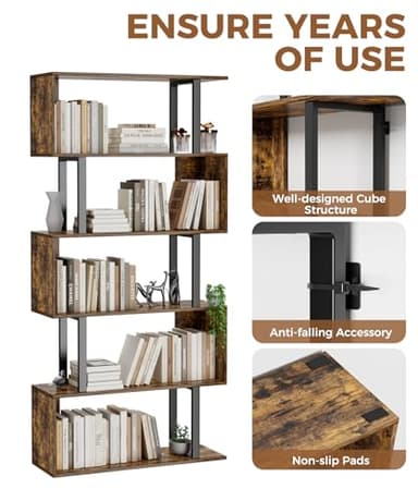 Gadroad 5-Tier Geometric Bookcase,S Shaped Bookshelf, Wood Decorative Storage Shelving, Modern Freestanding Display Shelves, Tall Book Shelf Unit for Living Room Bedroom, Rustic Brown - Image 6