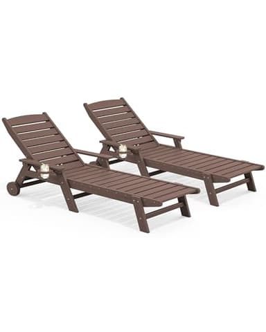 SERWALL Patio Chaise Lounge Chair Set of 2, 78'' Long 5-Positions Adjustable HDPE Outdoor Lounger for Pool, Poly Lounge Chair with Rolling Wheels & Cup Holder for Poolside, Deck, Coffee Brown - Image 1
