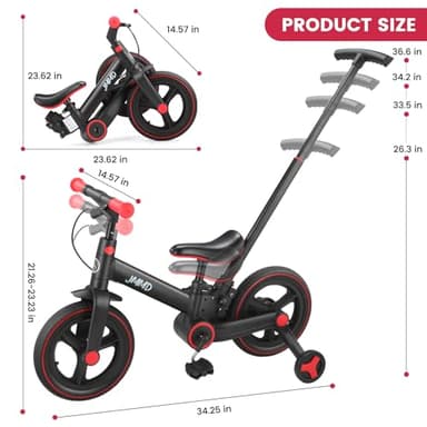 JMMD Toddler Bike with Push Handle for Kids 18-60 Months, 6 in 1 Foldable Push Bike with Training Wheels, Pedals, Brakes, Kickstand, Kid Balance Bike Gift & Toys for Boy & Girl, Black - Image 8