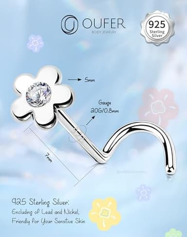 OUFER 20G Nose Rings, 925 Sterling Siver Nose Studs, Flower Nostril Nose Piercing Jewelry, Cute Nose Rings Studs, Clear CZ Nose Rings For Women - Image 5