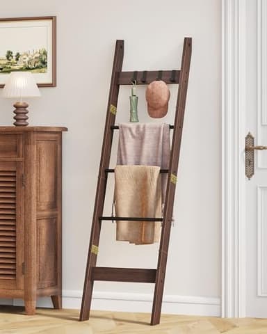 Hzuaneri Blanket Ladder for Living Room, Decorative Quilt Rack with 4 Removable Hooks, 5-Tier Farmhouse Ladder Holder Shelf Organizer for Bedroom, Black Tea Brown and Black BR02120B - Image 6