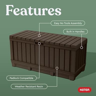 Keter Kentwood 92 Gallon Resin Deck Box-Organization and Storage for Patio Furniture Outdoor Cushions, Throw Pillows, Garden Tools and Pool Floats, Brown - Image 3