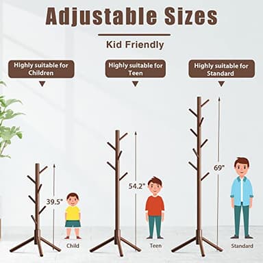 Haddockway Wooden Coat Rack Stand with 8 Hooks New Zealand Pine 3 Adjustable Coat Standing Tree Easy Assembly for Coats, Hats, Scarves and Handbags for Entryway, Hallway, Bedroom, Office - Image 5
