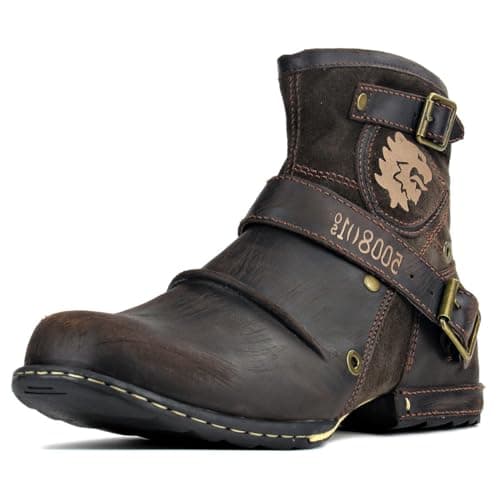OSSTONE Moto Boots for Men Fashion Zipper-up Leather Chukka Boots Casual Shoes 5008-1-D-11 Brown - Image 1