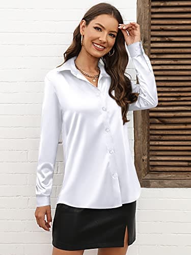 White Satin Silk Blouse for Women - Long Sleeve, V-Neck, Button-Up, Elegant, Casual, Fitted Work Tunic Top - Size S - Image 3