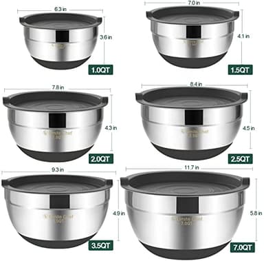Umite Chef Mixing Bowls with Airtight Lids，6 piece Stainless Steel Metal Nesting Storage Bowls, Non-Slip Bottoms Size 7, 3.5, 2.5, 2.0,1.5, 1QT, Great for Mixing & Serving(Grey) - Image 5