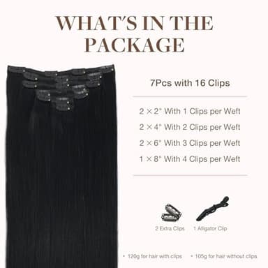 GOO GOO Clip in Hair Extensions Real Human Hair, Remy Human Hair Extensions Clip ins for Women, Natural Human Hair, 24inch 120g 7Pcs, 1 Jet black - Image 2