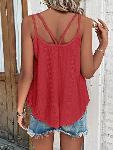 ATHMILE Christmas Camisole Tank Tops Eyelet Embroidery Sleeveless Spaghetti Strap Tops Scoop Neck Sexy Loose Fit Casual Summer Flowy Cami Red - Image 2