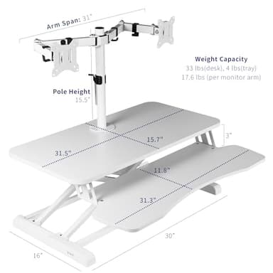 VIVO Height Adjustable 32 inch Standing Desk Converter with Dual 13 to 30 inch Monitor Stand, Sit Stand Monitor Mount and Desk Riser, White, DESK-V000K-M2W - Image 3