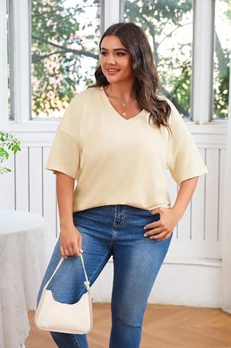 Fisoew Women's Plus Size V Neck T Shirts Summer Half Sleeve Tees Casual Loose Fit Cotton Tunic Tops Beige - Image 3