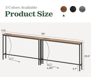 SUPERJARE 5.9 Inch Narrow Console Table with Outlet, Sofa Table Set of 2, Total Length 78'', Behind Couch Table, Long Entryway Tables with Charging Station, for Living Room, Rusitc Brown - Image 3