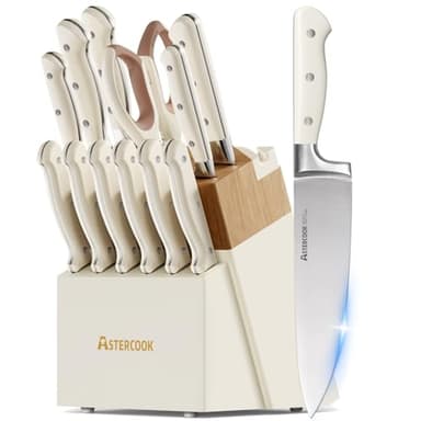Knife Set,Astercook Kitchen Knife Set with Block 14-Piece Full Tang Stainless Steel Knives with Sharpener Dishwasher Safe and Anti-Slip Ergonomic Handle Elegant Cream White Utensils Set - Image 1