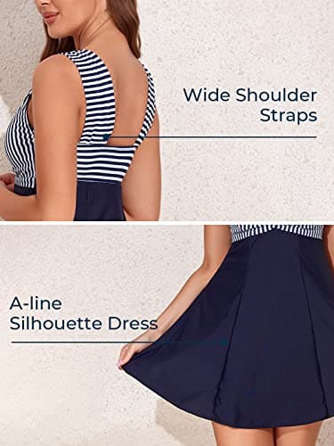 MiYang Women's One Piece High Waist Padded Swim Dress, Dark Blue Stripe, L (US 12-14) - Image 5