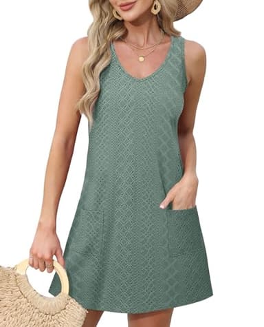OFEEFAN Swimsuit Coverup for Women Summer Dresses 2025 Loose V Neck Swing Tank Dress Sundresses with Pockets Eyelet Green S - Image 2