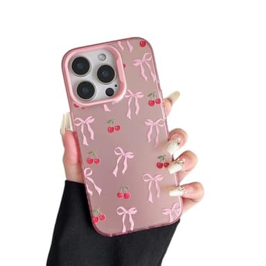 ZTOFERA for iPhone 15 Pro Max Case,Cute Pink Ribbon Bow Tie Planet Star Floral Aesthetic Phone Case,Trendy Slim Hard IMD Shockproof Protective Bumper Phone Cover for Women Girls,Cherry - Image 1