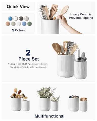 LE TAUCI Utensil Holder, 7.3"+5.4" Ceramic Kitchen Utensil Holder for Countertop, Large Cooking Utensil Crocks for Kitchen Counter Decor, Morden Utensil Organizer for Spatula, Set of 2, White - Image 2