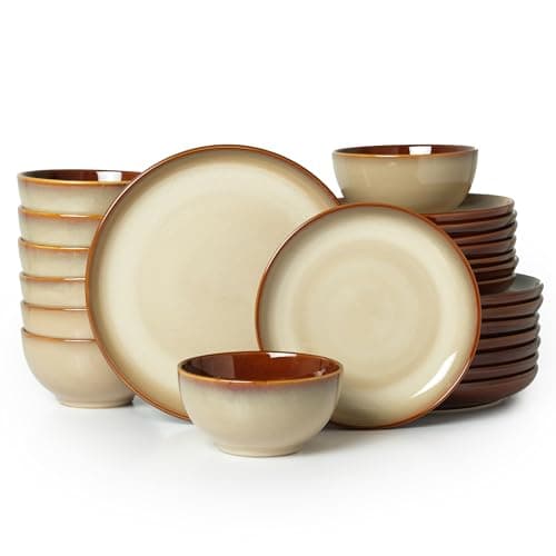 Pokini Ceramic Dishes Set for 8, 24 Piece Stoneware Dinnerware Sets, Chip and Scratch Resistant, Easy to Stack & Clean, Modern Rustic Look, Brown Yellow - Image 1