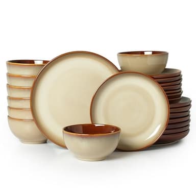 Pokini Ceramic Dishes Set for 8, 24 Piece Stoneware Dinnerware Sets, Chip and Scratch Resistant, Easy to Stack & Clean, Modern Rustic Look, Brown Yellow - Image 1