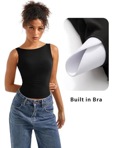 SUUKSESS Women Built in Bra Open Back Boat Neck Tank Tops Double Lined Backless Y2K Going Out Top Basic Shirt (Black,L) - Image 2