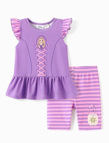 Disney Princess Rapunzel outfits for Toddler girls:Ruffle Sleeve Top & Striped Shorts 2 Piece Set Costume Birthday Summer Clothes Dress up-Rapunzel 3-4T - Image 1