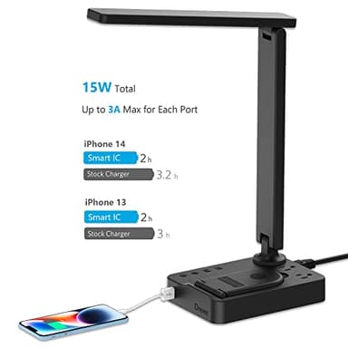 Drevet LED Desk Lamp with Wireless Charger, Desk Table Light with USB Charging Port and 2 Outlets, 3 Lighting Modes, 3 Level Brightness, 1H Timer, Touch Control, Eye-Caring Home Office Foldable Lamp - Image 3