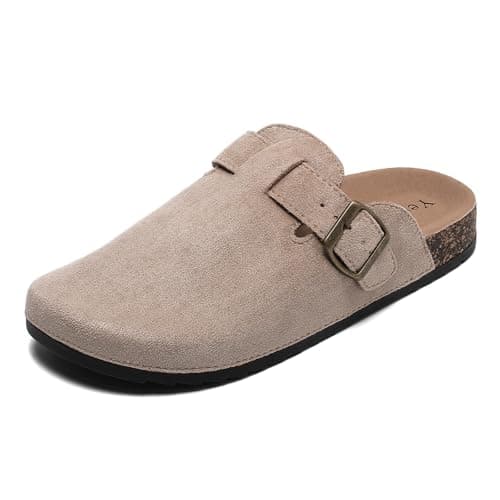 DDXYYDS Suede Clogs Men & Women Unisex Leather Mules Soft Cork Footbed Adjustable Buckle Slip Sandals Potato Shoes with Arch Support Beige - Image 1