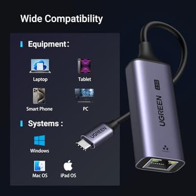 UGREEN USB C to Ethernet Adapter 2.5G, Ethernet Adapter for Laptop, Aluminum, Type C (Thunderbolt 4/3 Compatible) to RJ45 Network Internet, Compatible for NAS, MacBook Air/Pro, XPS, iPhone 15 Pro/Max - Image 6