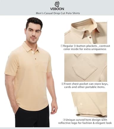 VEBOON Mens Polo Shirts Short Sleeve Big and Tall Dressy Polo Shirt Casual Performance Shirts with Pocket Khaki - Image 4