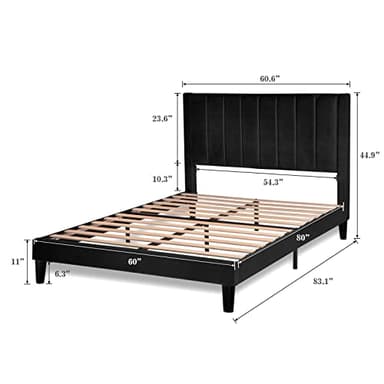 Allewie Queen Bed Frame/Velvet Upholstered Bed Frame with Vertical Channel Tufted Headboard/Strong Wooden Slats/Platform Bed Frame/Mattress Foundation/Box Spring Optional/Easy Assembly/Black - Image 2