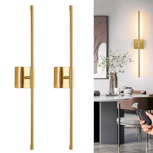 Morauroral Gold Battery Operated Wall Sconces, Dimmable Wall Sconces with Remote Control, Rechargeable Sconces Wall Lighting, 24″ LED Wireless Wall Lights for Bedroom, Living Room, Bathroom, Hallways - Image 1