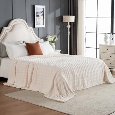Faux Fur Bed Blankets King Size Off White, Soft Fluffy Bubble Blanket for Couch Sofa, Thick Warm Plush Fuzzy Rabbit Fur Large Blanket for All Season Use, 90"X 90" - Image 2