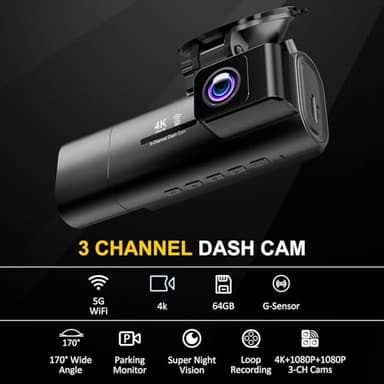 Dash Cam Front and Rear,3 Channel Dash Cam for Car with 5G WiFi, 64GB Card,4K+1080P+1080P Front Inside and Rear Car Dash Camera,3.16”Screen,Night Vision,Loop Recording, G-Sensor, WDR, Parking Mode - Image 2