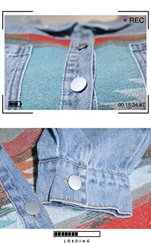 Lumister Aztec Denim Jacket Distressed Lapel Long Sleeve Vintage Button Down Denim Jacket Shacket(0007-Blue-S) - Image 5