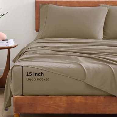 LANE LINEN 100% Organic Cotton RV Queen Sheet Sets, 4Pc Cotton Bed Sheets Short Queen Size, Percale Weave, Luxury Hotel Sheets RV Queen Size, Breathable RV Queen Sheets Deep Pocket Upto 15" - Taupe - Image 5