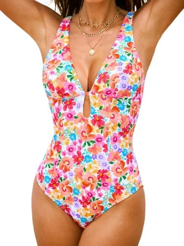 CUPSHE Women's One Piece Swimsuit Deep V Neck Keyhole Cutout O Ring Textured Bathing Suit, L - Image 1