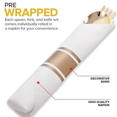 Joyido 200Guests Pre Rolled Gold Plastic Silverware Sets - Heavy Duty Gold Cutlery - Include 200 Pack Wrapped Disposable Utensils with Napkins for Parties & Dinners & Weddings - Image 4