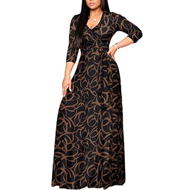 FANDEE Plus Size Maxi Dress for Women - Casual Summer Sundress V-Neck 3/4 Sleeve Brown Corrugated M - Image 2
