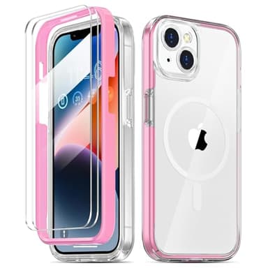 COOLQO Magnetic for iPhone 14/iPhone 13 Case with Screen Protectors, Compatible with MagSafe, Military Grade Drop Protection, Dual Layer Design Heavy Duty Protective Shockproof Phone Case, Pink - Image 1