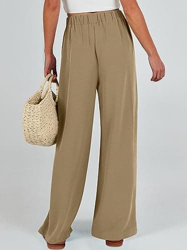Caracilia Women Wide Leg Palazzo Pants Summer High Waist Flowy Casual Trousers Loose Lounge Beach Travel Vacation Clothes Khaki XX-Large - Image 5
