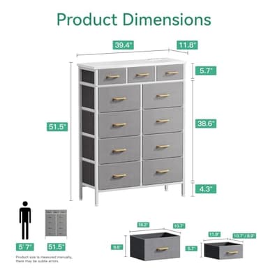 AODK Dresser with Charging Station, 52 Inches Tall Dresser for Bedroom with 11 Storage Drawers, Large Fabric Dressers for Hallway, Light Grey - Image 3