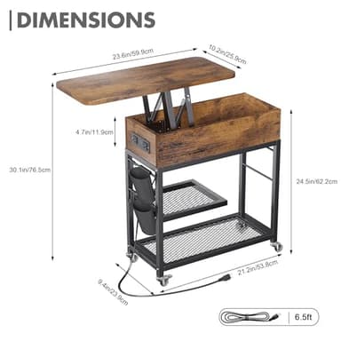 Colima Lift Top End Table with Charging Station and Wheels, Sofa Side Table with USB Port & AC Outlets, Movable Bedside Nightstand with Side Bag for Office Living Room Bedroom(Rustic Wood) - Image 3
