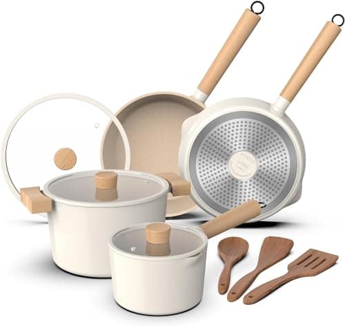 imarku Pots and Pans Set Non Stick, 10 Pcs Granite Cookware Set, Removable Handle Pots and Pans, PFOA Free, Oven Safe Pan, Cream, Birthday Gifts for Women Men - Image 1