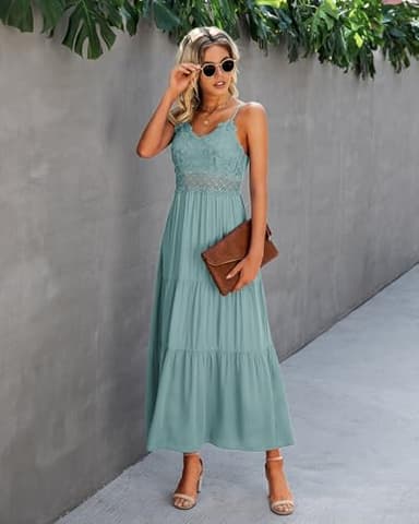 Dokuritu Women's Beach Crochet Lace Maxi Dress Solid Color Sage Green Wedding Guest Summer Spaghetti Strap Long Boho Dress 2024 (MintGreen, M) - Image 7