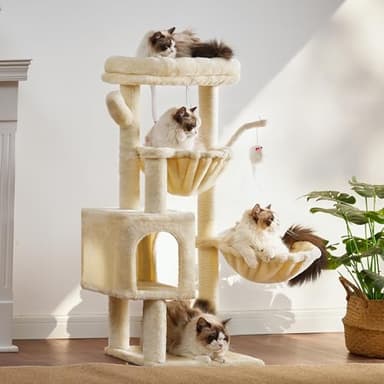 Heybly Cat Tree, 39.4 Inches Tower Condo with Scratching Post, Cat Tower for Indoor Cats, Fully Wrapped Sisal Pole, Soft Platform, 2 Baskets and Dangling Toy, Beige HCT006SM - Image 8