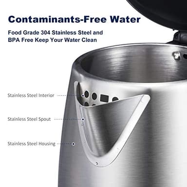 CHINYA Electric Kettle, 1.7 Liter Stainless Steel Tea Kettle with Blue LED Light, Fast Heating Countertop Tea Maker Hot Water Boiler with Auto Shut-Off & Boil Dry Protection, Black - Image 3