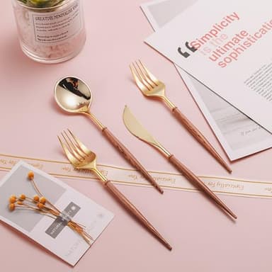 Lullaby 120PCS Gold Plastic Silverware, Gold Disposable Cutlery with Wood Grain Handle Include 40 Forks, 40 Spoons, 40 Knives, Elegant Disposable Silverware for Wedding, Party, Gathering, Daily Use - Image 7