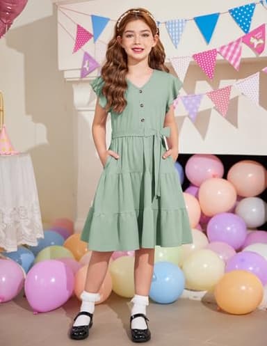 Arshiner Girls Dress Short Sleeve Summer V Neck Button Removable Belt Dresses with Pockets 5-6 Years Light Green - Image 6