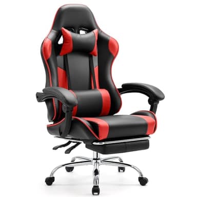 Sweetcrispy Video Game Desk Chair - Ergonomic Computer with Footrest and Comfy Lumbar Support, PU Leather Recliner with Headrest, Fixed Up Armrest, Height Adjustable with 360° Swivel, for Adults, Red - Image 1